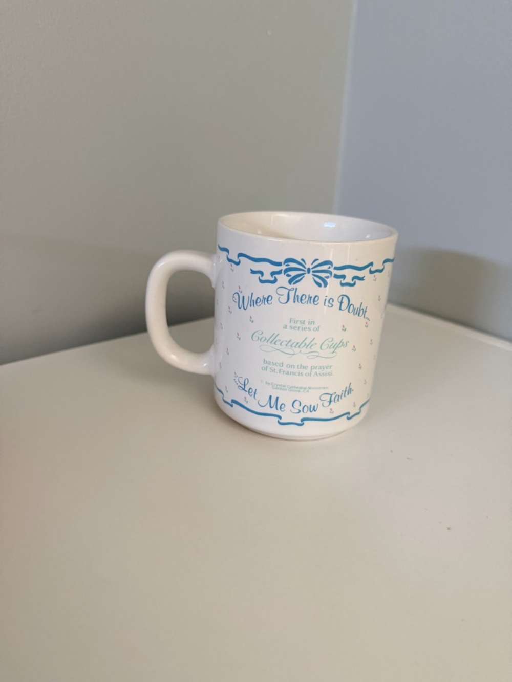 White Ceramic Mug with Light Blue Script Inspirational Quote